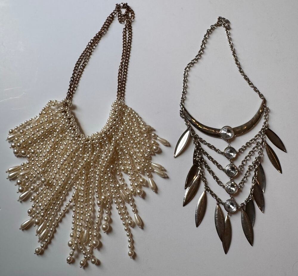 Lot of 2 Large Vintage Statement Necklaces Unstamped Pearl/Metal